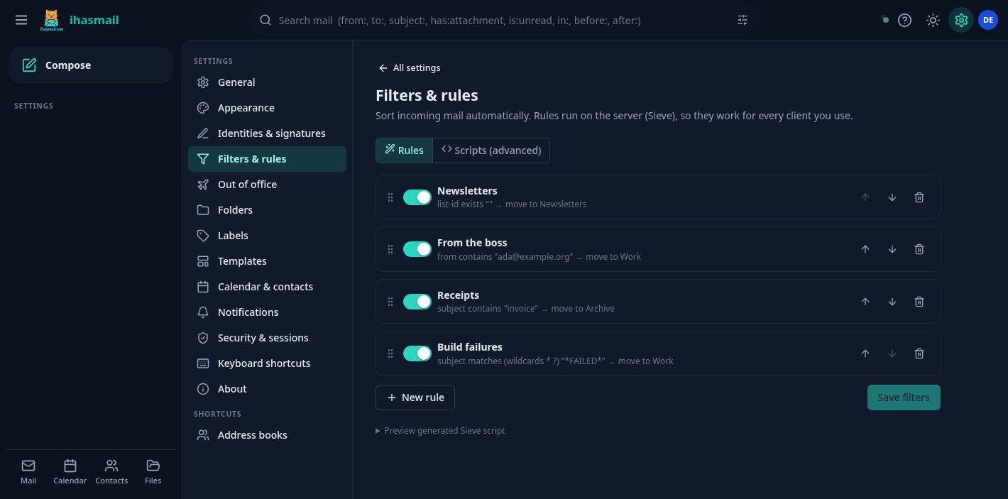 The ihasmail Sieve filter builder