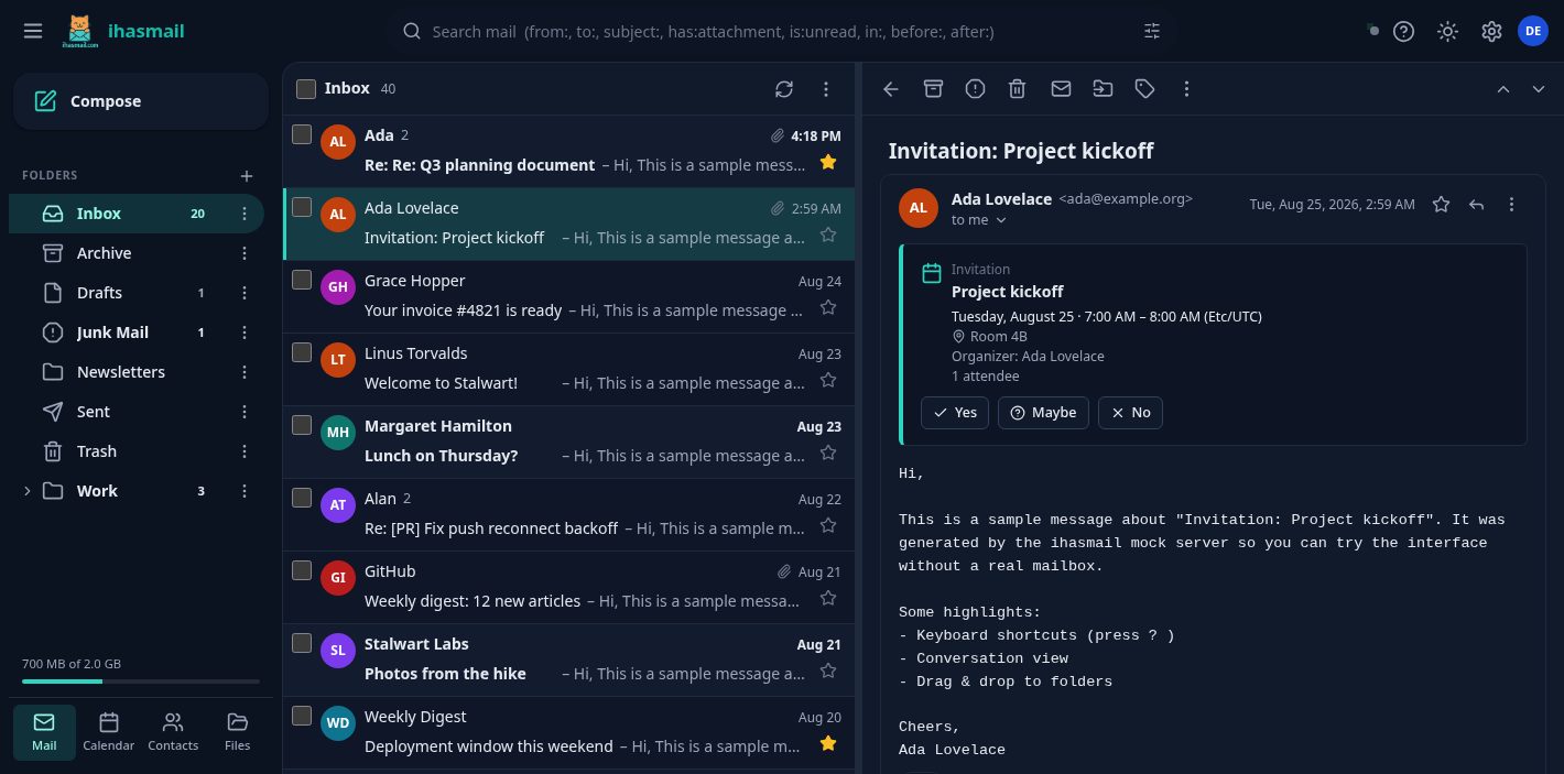 ihasmail inbox and conversation view in the dark theme