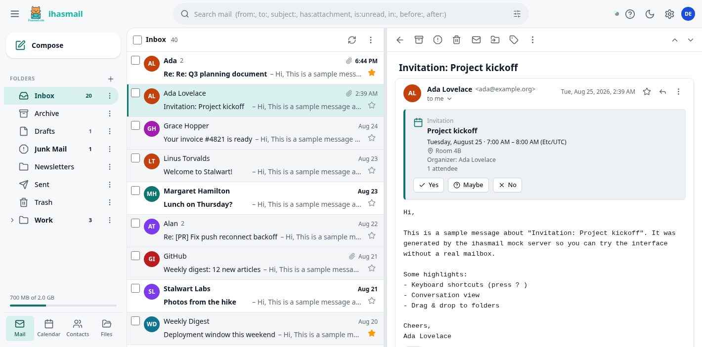ihasmail inbox and conversation view in the light theme